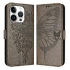 For iPhone 16 Pro Embossed Butterfly Leather Phone Case(Grey) - 1