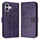 For iPhone 16 Plus Embossed Butterfly Leather Phone Case(Dark Purple) - 1