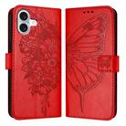 For iPhone 16 Plus Embossed Butterfly Leather Phone Case(Red) - 1