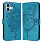 For iPhone 16 Plus Embossed Butterfly Leather Phone Case(Blue) - 1