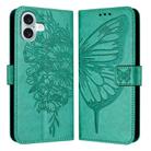 For iPhone 16 Plus Embossed Butterfly Leather Phone Case(Green) - 1