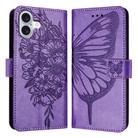 For iPhone 16 Plus Embossed Butterfly Leather Phone Case(Light Purple) - 1