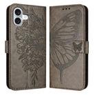 For iPhone 16 Plus Embossed Butterfly Leather Phone Case(Grey) - 1