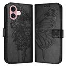 For iPhone 16 Embossed Butterfly Leather Phone Case(Black) - 1