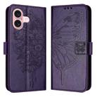 For iPhone 16 Embossed Butterfly Leather Phone Case(Dark Purple) - 1