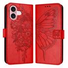 For iPhone 16 Embossed Butterfly Leather Phone Case(Red) - 1