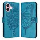 For iPhone 16 Embossed Butterfly Leather Phone Case(Blue) - 1