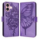 For iPhone 16 Embossed Butterfly Leather Phone Case(Light Purple) - 1