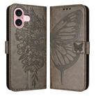 For iPhone 16 Embossed Butterfly Leather Phone Case(Grey) - 1