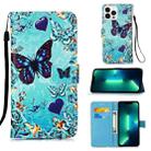 For iPhone 15 Pro Max Colored Drawing Pattern Plain Weave Leather Phone Case(Caring Butterfly) - 1