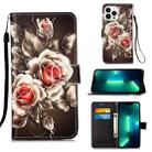 For iPhone 15 Pro Max Colored Drawing Pattern Plain Weave Leather Phone Case(Roses On Black) - 1