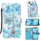 For iPhone 15 Plus Colored Drawing Pattern Plain Weave Leather Phone Case(Tower Butterfly) - 1