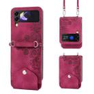 For Samsung Galaxy Z Flip5 Skin Feel Flowers Embossed Wallet Leather Phone Case(Wine Red) - 1