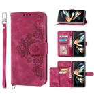 For Samsung Galaxy Z Fold5 Skin Feel Flowers Embossed Wallet Leather Phone Case(Wine Red) - 1