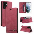 For Samsung Galaxy S22 Ultra 5G Skin Feel Anti-theft Brush Horizontal Flip Leather Case with Holder(Wine Red) - 1