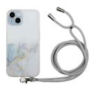 For iPhone 15 Plus Hollow Marble Pattern TPU Shockproof Phone Case with Rope(Grey) - 1