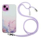 For iPhone 15 Plus Hollow Marble Pattern TPU Shockproof Phone Case with Rope(Pink) - 1