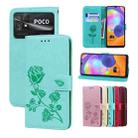 For Xiaomi Poco C40 Rose Embossed Flip PU Leather Phone Case(Green) - 1