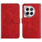 For OnePlus 12R 5G Global Skin Feel Butterfly Peony Embossed Leather Phone Case(Red) - 1