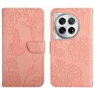 For OnePlus 12R 5G Global Skin Feel Butterfly Peony Embossed Leather Phone Case(Pink) - 1