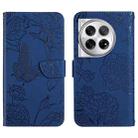 For OnePlus 12R 5G Global Skin Feel Butterfly Peony Embossed Leather Phone Case(Blue) - 1
