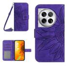 For OnePlus 12 5G Global Skin Feel Sun Flower Embossed Leather Phone Case with Lanyard(Dark Purple) - 1