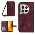 For OnePlus 12R 5G Global Skin Feel Sun Flower Embossed Leather Phone Case with Lanyard(Wine Red) - 1