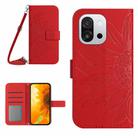 For OnePlus 13T Skin Feel Sun Flower Embossed Leather Phone Case with Lanyard(Red) - 1