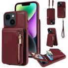 For iPhone 14 Plus Crossbody Lanyard Zipper Wallet Leather Phone Case(Wine Red) - 1