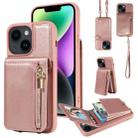 For iPhone 14 Plus Crossbody Lanyard Zipper Wallet Leather Phone Case(Rose Gold) - 1