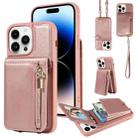 For iPhone 14 Pro Crossbody Lanyard Zipper Wallet Leather Phone Case(Rose Gold) - 1