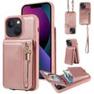 For iPhone 13 Crossbody Lanyard Zipper Wallet Leather Phone Case(Rose Gold) - 1