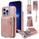 For iPhone 13 Pro Max Crossbody Lanyard Zipper Wallet Leather Phone Case(Rose Gold) - 1
