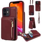 For iPhone 12 / 12 Pro Crossbody Lanyard Zipper Wallet Leather Phone Case(Wine Red) - 1