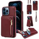 For iPhone 12 Pro Max Crossbody Lanyard Zipper Wallet Leather Phone Case(Wine Red) - 1