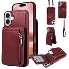 For iPhone 16 Plus Crossbody Lanyard Zipper Wallet Leather Phone Case(Wine Red) - 1