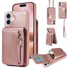 For iPhone 16 Plus Crossbody Lanyard Zipper Wallet Leather Phone Case(Rose Gold) - 1