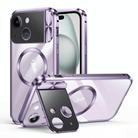 For iPhone 15 Large Window Holder MagSafe Magnetic Metal Phone Case(Purple) - 1