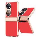 For Huawei P50 Pocket Plated Plain Leather Folding Phone Case with Hinge(Red) - 1