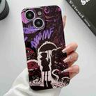 For iPhone 14 Painted Pattern Precise Hole PC Phone Case(Black Purple Umbrella Boy) - 1