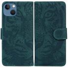 For iPhone 14 Plus Tiger Embossing Pattern Leather Phone Case(Green) - 1