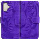For iPhone 16 Tiger Embossing Pattern Leather Phone Case(Purple) - 1