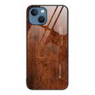 For iPhone 15 Plus Wood Grain Glass Phone Case(Dark Brown) - 1