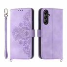 For Samsung Galaxy A25 5G Skin-feel Flowers Embossed Wallet Leather Phone Case(Purple) - 1