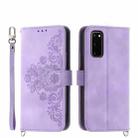 For Samsung Galaxy S20 Skin-feel Flowers Embossed Wallet Leather Phone Case(Purple) - 1