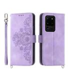 For Samsung Galaxy S20 Ultra Skin-feel Flowers Embossed Wallet Leather Phone Case(Purple) - 1