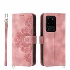 For Samsung Galaxy S20 Ultra Skin-feel Flowers Embossed Wallet Leather Phone Case(Pink) - 1