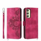 For Samsung Galaxy A25 5G Global Skin-feel Flowers Embossed Wallet Leather Phone Case(Wine Red) - 1