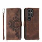 For Samsung Galaxy S24 Ultra 5G Skin-feel Flowers Embossed Wallet Leather Phone Case(Brown) - 1