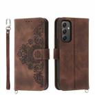 For Samsung Galaxy A35 Skin-feel Flowers Embossed Wallet Leather Phone Case(Brown) - 1